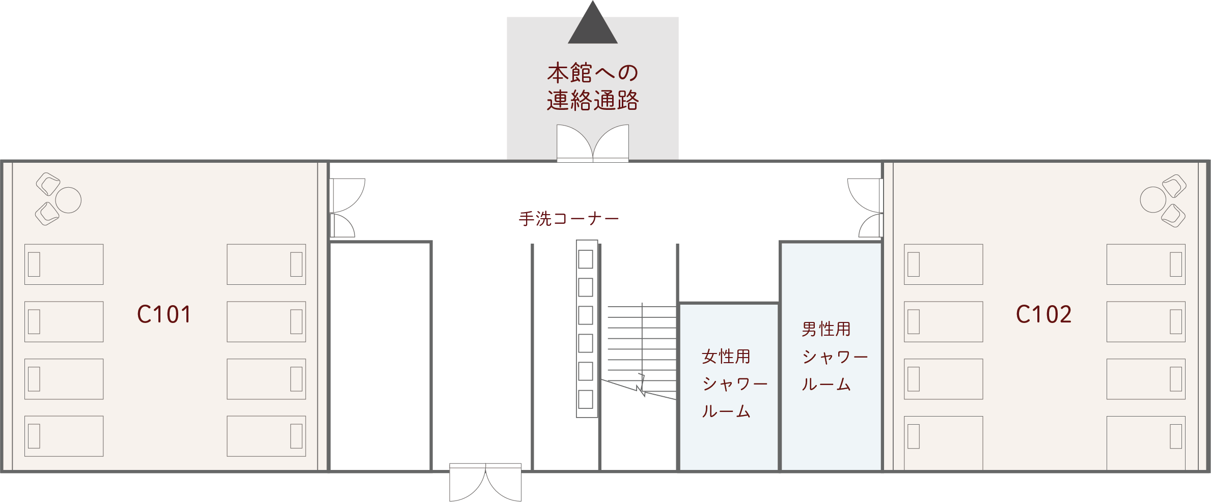 C棟1階 客室とシャワールームの配置図